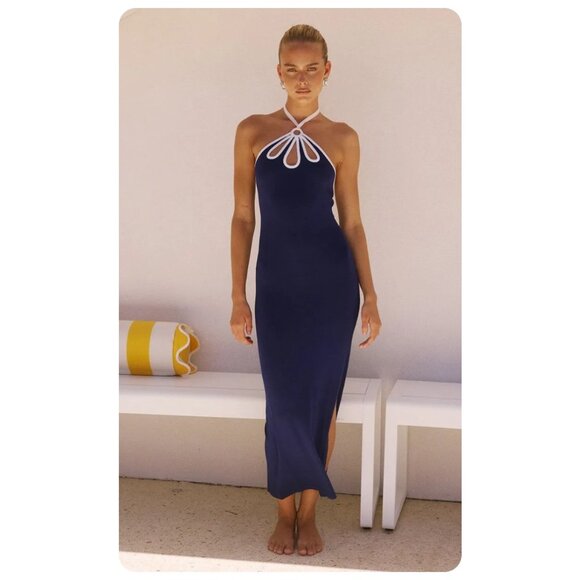 NWT Seven Wonders Casey Sleeveless Halter Navy Blue Midi Dress sz S - Picture 1 of 6